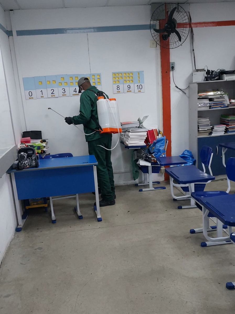 Saneamento ambiental para escolas na Grande São Paulo — equipe Liderança SP uniformizada com EPI